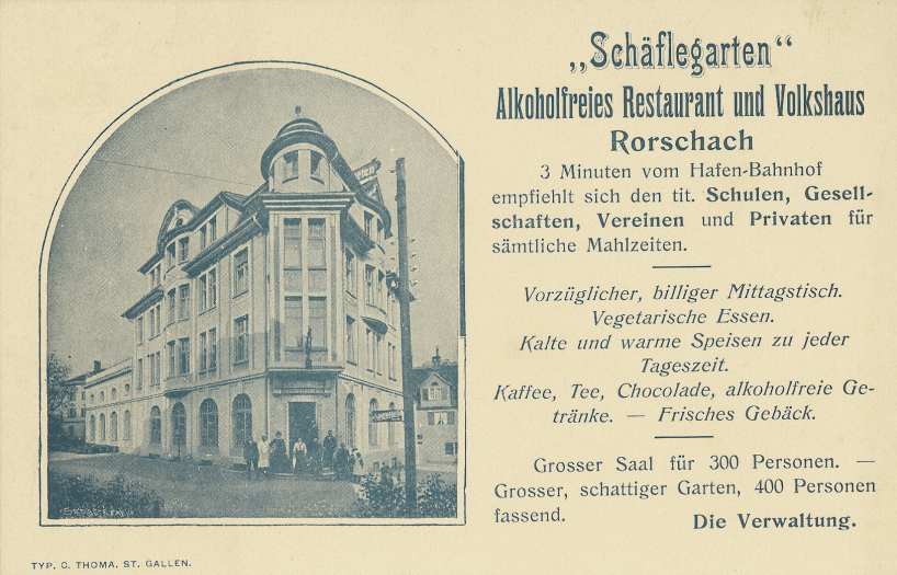Visitenkarte: "Schäflegarten" alkoholfreies Restaurant und Volkshaus Rorschach, sine dato (StASG ZMH 61/072)
